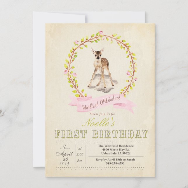 Invitación de cierva para niña en su primer cumple (Anverso)