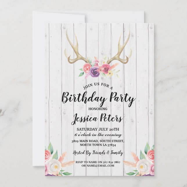 Invitación de Ciervo con Astas Florales para Fiest (Anverso)