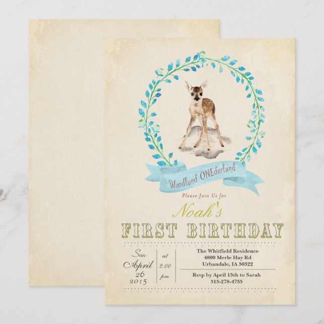 Invitación de ciervo niño cumpleaños primero (Anverso / Reverso)