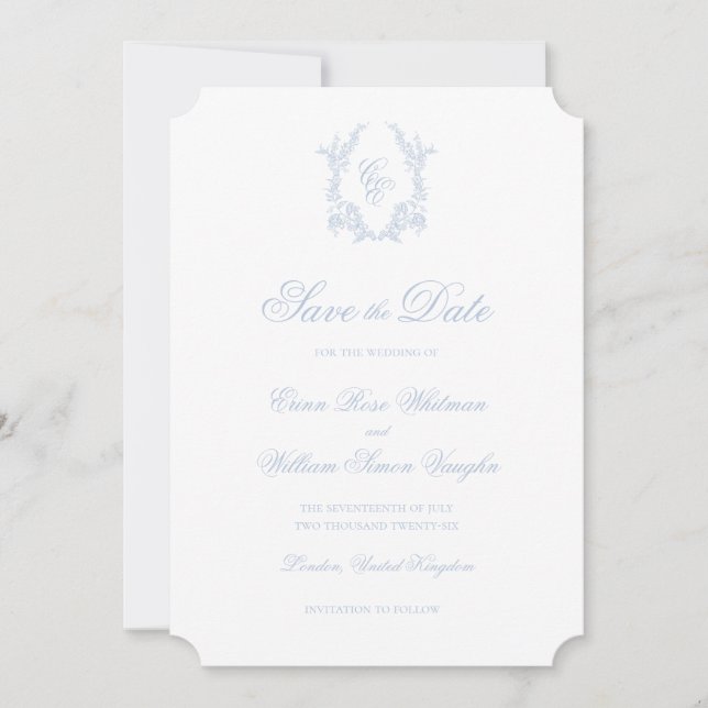 Invitación de clásica cresta de boda azul para gua (Anverso)