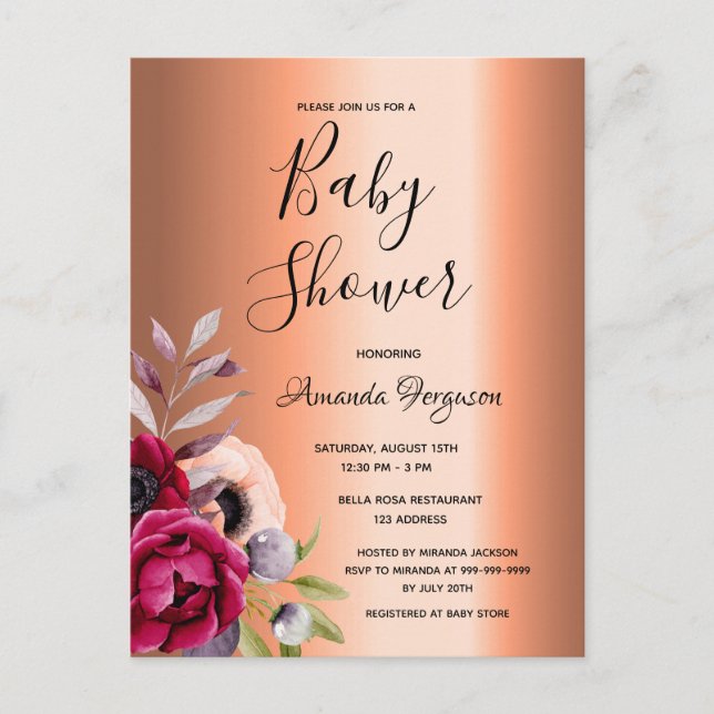 Invitación de cobre de florines de Baby Shower (Anverso)