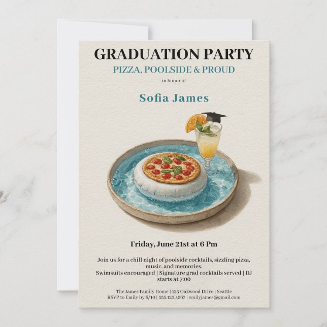 Invitación de Cóctel de Piscina de Pizza para Cele (Anverso)