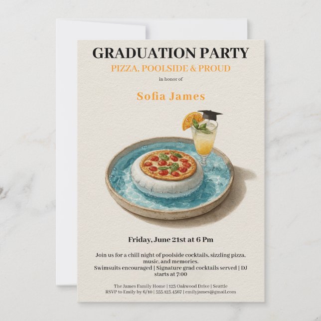 Invitación de Cóctel de Piscina de Pizza para Cele (Anverso)