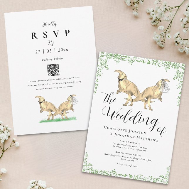 Invitación de código QR para boda con tema de dino (Cute Dinosaur theme wedding QR Code invitation parasaurolophus Dinosaur bride and groom greenery)