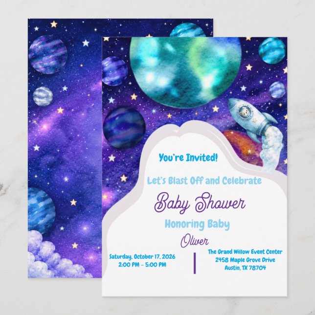 Invitación de cohete para baby shower de espacio e (Anverso / Reverso)