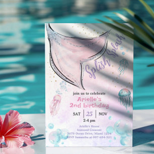 Invitación de cola de sirena con acuarela rosa y m