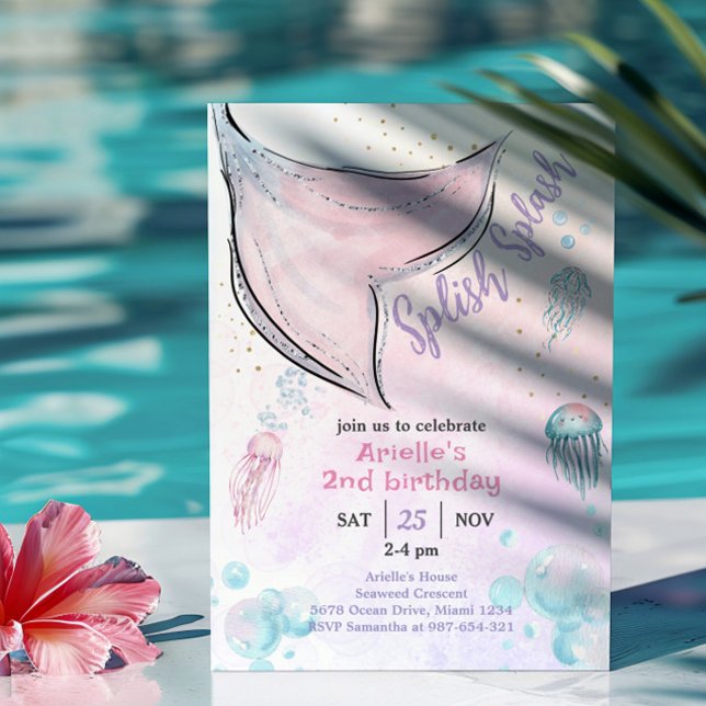 Invitación de cola de sirena con acuarela rosa y m (Subido por el creador)