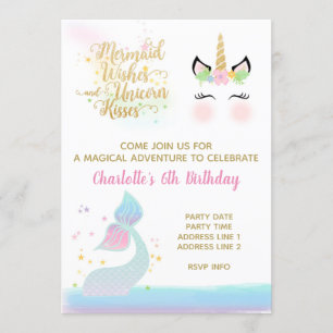 Invitación de cola de sirena y unicornio   ORO ARC