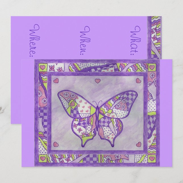 Invitación de Colcha de Mariposa Morada (Anverso / Reverso)