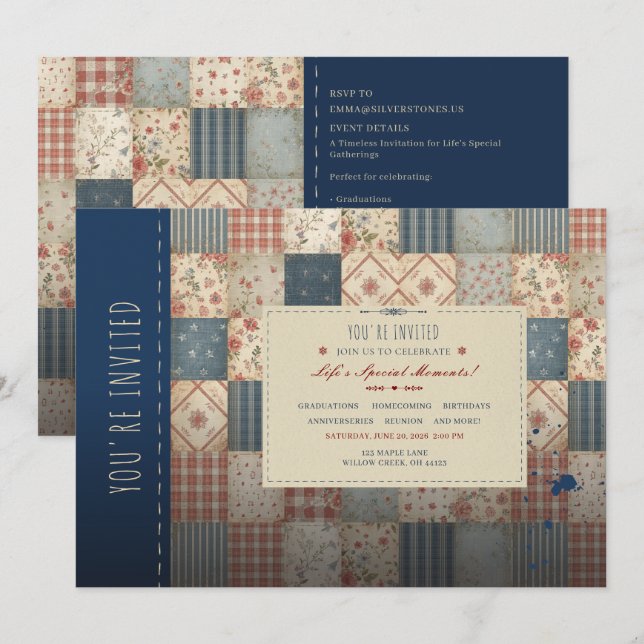 Invitación de Colcha de Parche Vintage para Todas  (Anverso / Reverso)