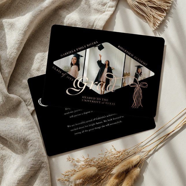 Invitación de Collage de fotos Grad Cap Bow y Tass (Grad Cap Bow & Tassel Photo Collage Announcement (Front & Back))