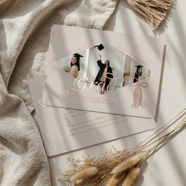 Invitación de Collage de fotos Grad Cap Bow y Tass (Grad Cap Bow & Tassel Photo Collage Announcement)