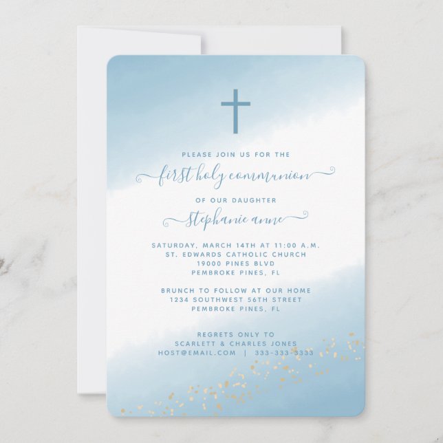 Invitación de color azul cruzado de la comunión (Anverso)