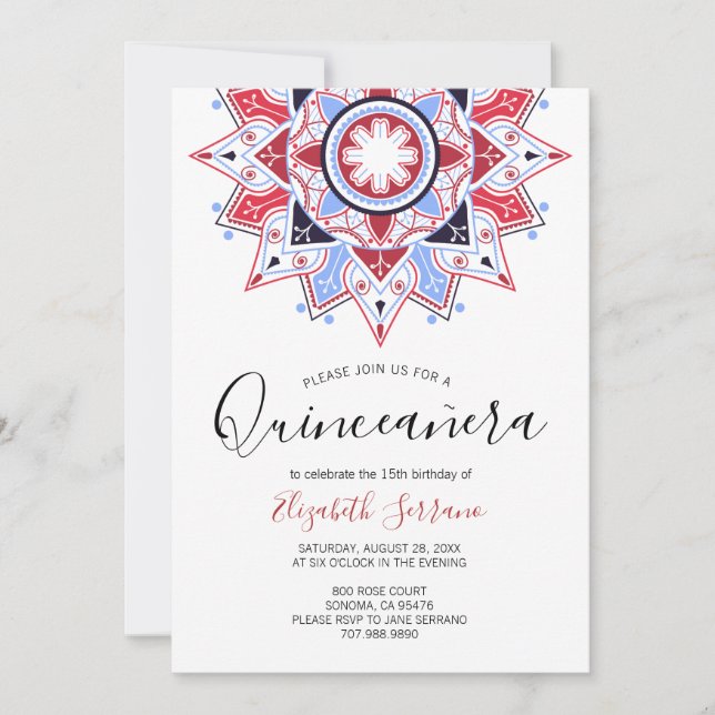 Invitación de color blanco rojo Quinceanera (Anverso)