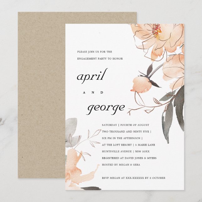 INVITACIÓN DE COLOR DE AGUA NARANJA RUST FLORAL (Anverso / Reverso)