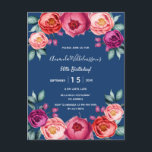 Invitación de color púrpura azul marino de cumplea<br><div class="desc">Una elegante tarjeta de invitación para una fiesta de cumpleaños número 50 (o cualquier edad). Flores contemporáneas de color rosa, violeta y oro rosa coloreadas en color agua, flores como decoración. Un fondo azul marino de moda. El nombre está escrito con un guión de estilo con letras a mano blanca....</div>