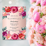 Invitación de color púrpura rosa de color ocre<br><div class="desc">Una elegante tarjeta de invitación para una fiesta de cumpleaños número 50 (o cualquier edad). Flores contemporáneas de color rosa, violeta y oro rosa coloreadas en color agua, flores como decoración. Fondo de degradado de oro rosa de moda. El nombre está escrito con escritura de estilo con letras negras. Sugerencia:...</div>