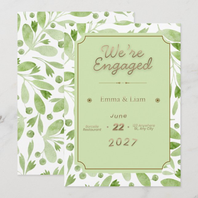 Invitación de compromiso botánico verde – Elegante (Anverso / Reverso)
