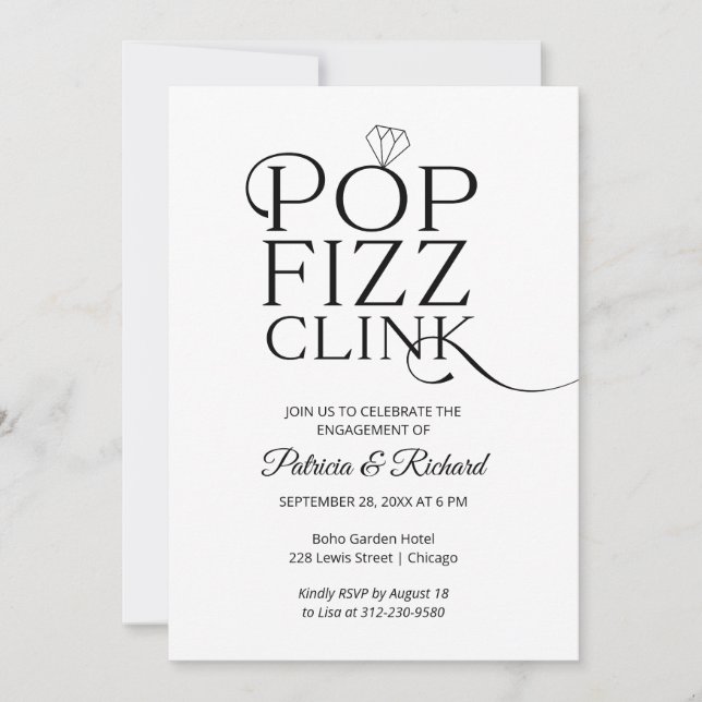 Invitación de compromiso Chic Pop Fizz Clink (Anverso)