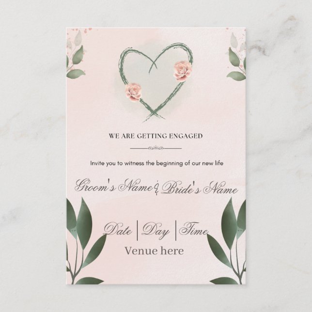 Invitación de compromiso con corazón romántico y f (Anverso)