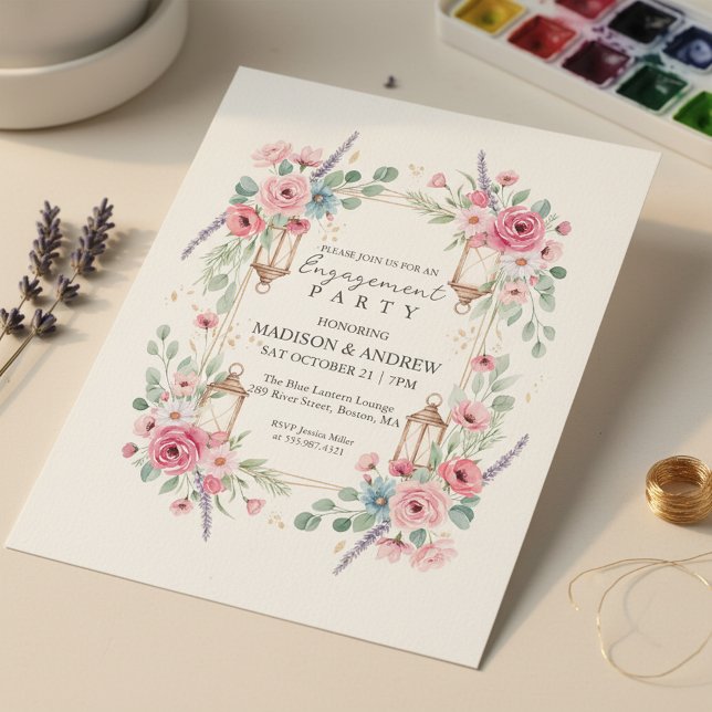 Invitación de compromiso con farol floral romántic (Timeless Romantic Theme)