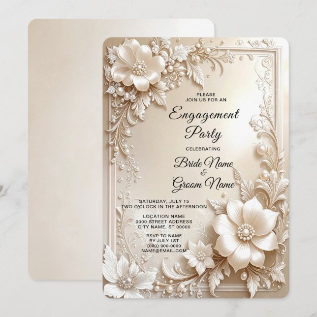 Invitación de compromiso con flores de marfil (Anverso / Reverso)
