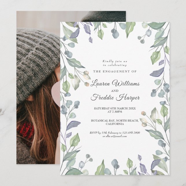 Invitación de compromiso con foto floral en acuare (Anverso / Reverso)