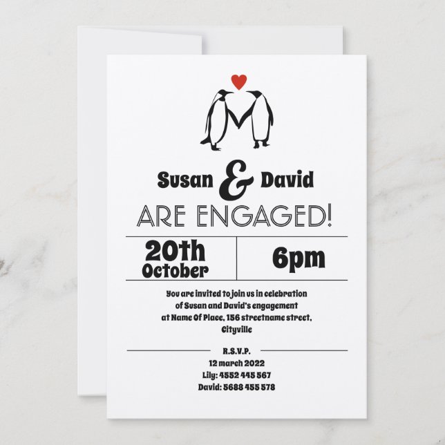 Invitación de Compromiso de Amor de Pingüino (Anverso)