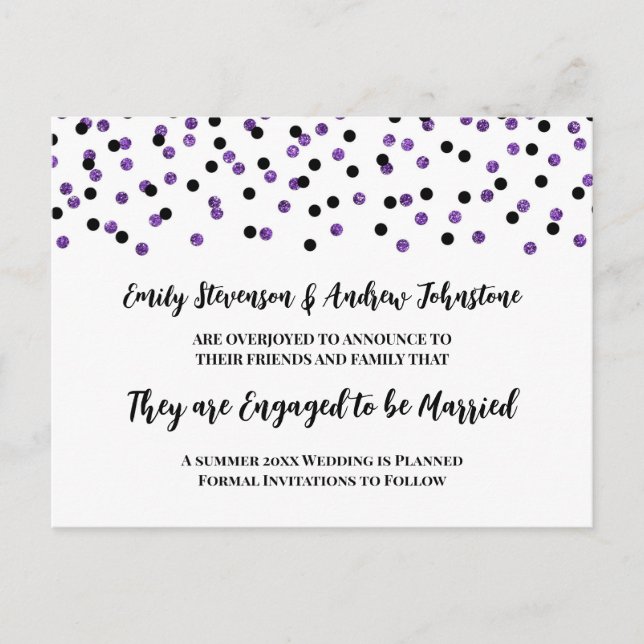 Invitación de compromiso de Black Purple Confetti (Anverso)