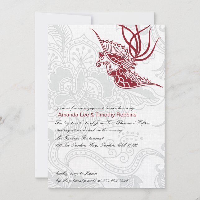 Invitación de compromiso de boda con pájaros y flo (Anverso)