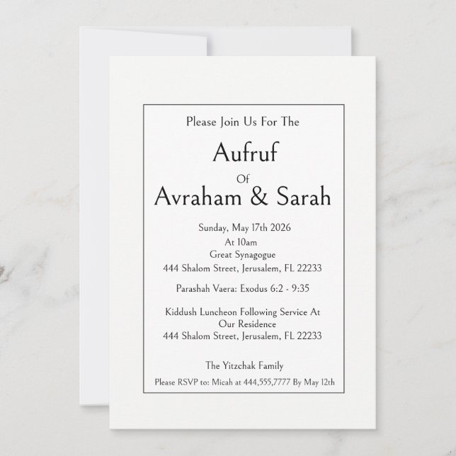 Invitación de compromiso de boda judía Aufruf, mod (Anverso)