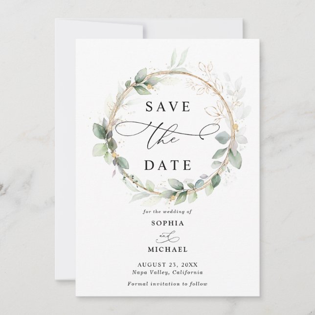 Invitación de Compromiso de Boda Verde y Dorado (Anverso)