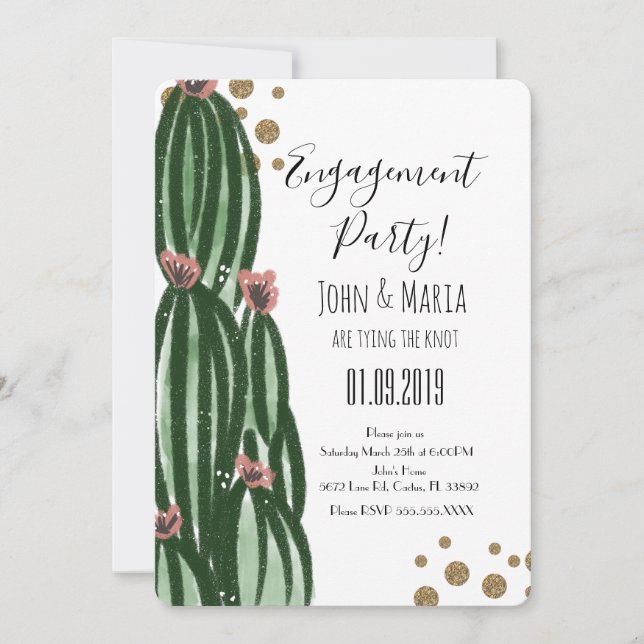 Invitación de compromiso de cactus caprichoso con  (Anverso)