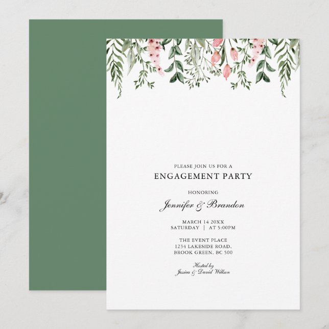 Invitación de compromiso de fiesta floral en acuar (Anverso / Reverso)