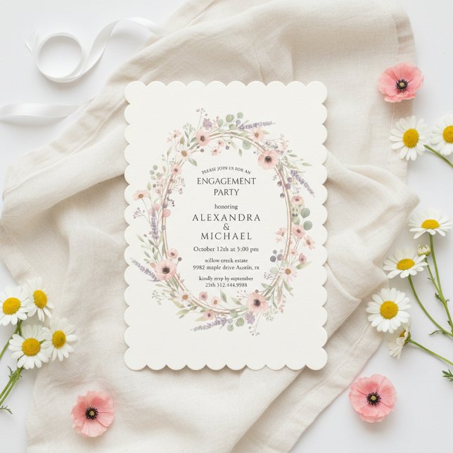 Invitación de compromiso de fiesta floral pastel (Timeless botanical floral engagement party aesthetic in soft pastel tones)