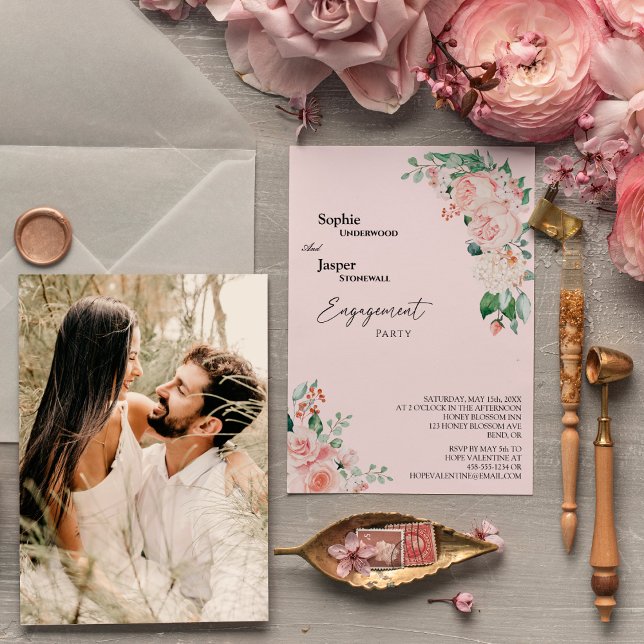 Invitación de compromiso de fiesta floral rosa rub (Subido por el creador)