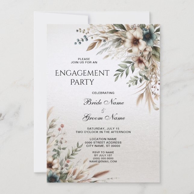 Invitación de compromiso de flor marfil-azul acuar (Anverso)