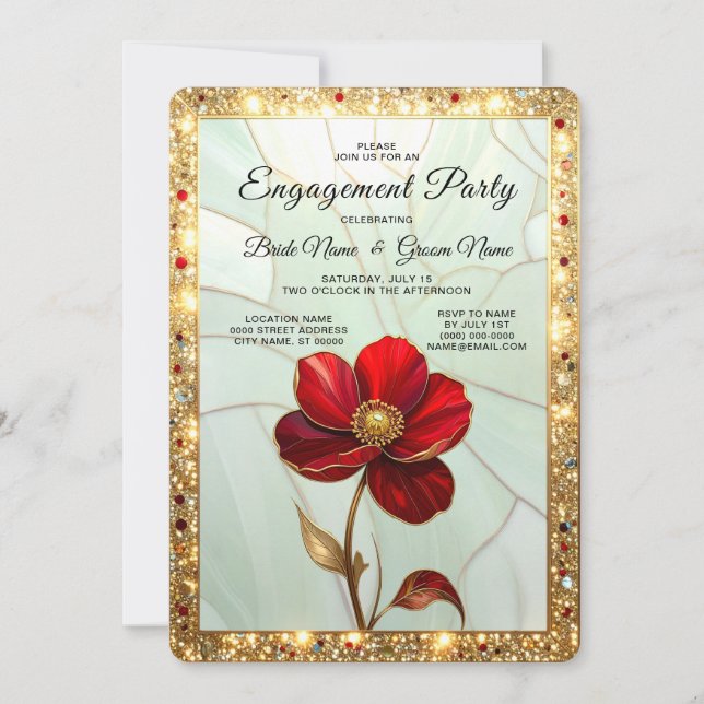 Invitación de compromiso de flor roja de vidrio em (Anverso)