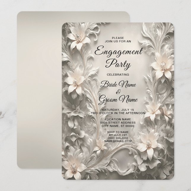 Invitación de compromiso de floral blanca (Anverso / Reverso)