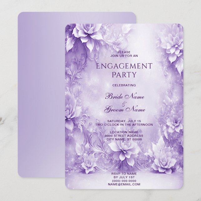 Invitación de compromiso de flores blancas moradas (Anverso / Reverso)