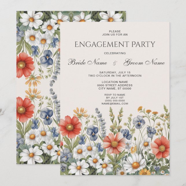 Invitación de compromiso de flores silvestres colo (Anverso / Reverso)