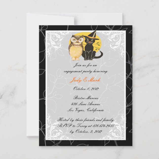 Invitación de compromiso de Halloween de gato y bú (Anverso)