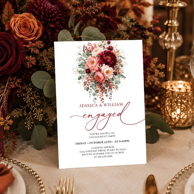 Invitación de compromiso de otoño floral de oro de (Modern Burgundy Gold Floral Autumn engagement invitation card

)