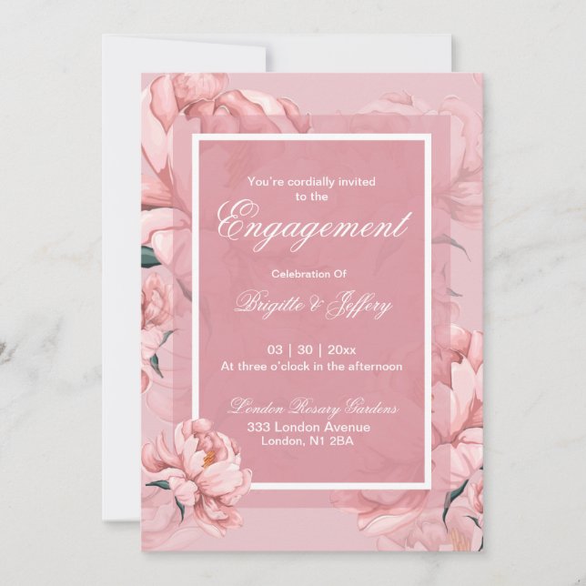 Invitación de compromiso de peonía rosa (Anverso)