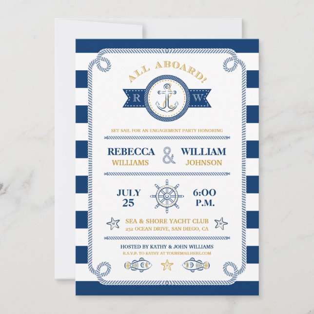 Invitación de compromiso de rayas náuticas (Anverso)