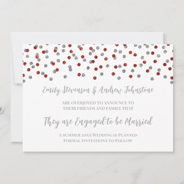 Invitación de compromiso de Red Silver Confetti (Anverso)