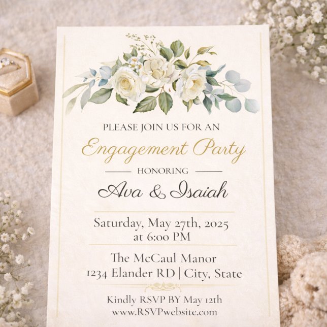 Invitación de compromiso de romance Ivory Gold (Ivory rose and champagne gold engagement soirée announcement with soft greenery detail)