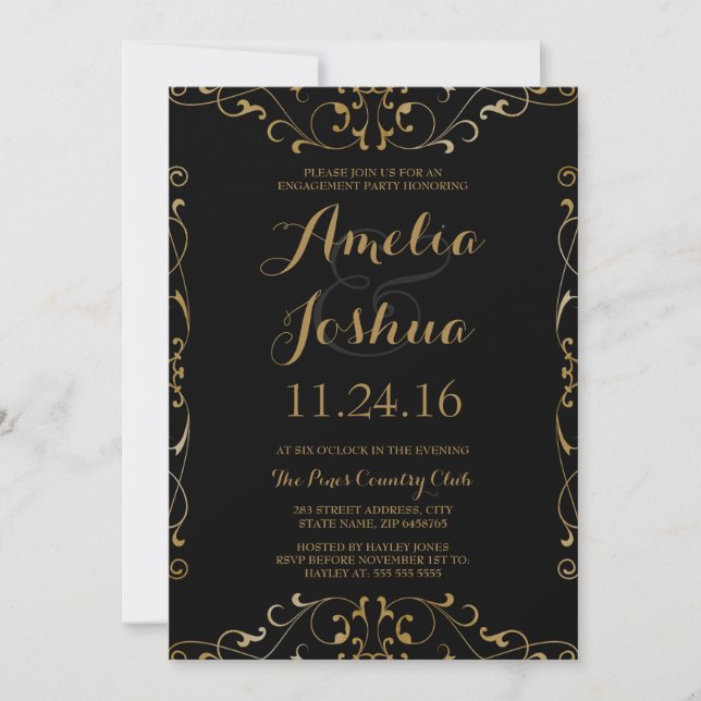 Invitación de compromiso fiesta elegante dorado ne (Anverso)