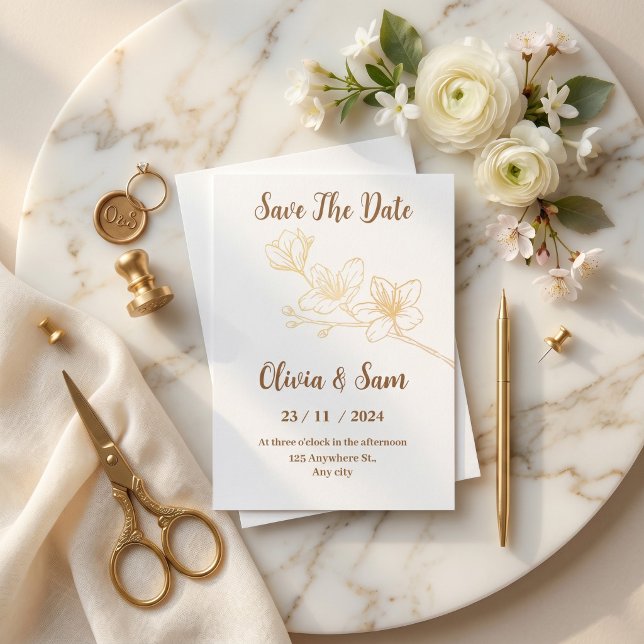 Invitación de compromiso Flor Dorada Minimal Blanc (Gold Flower Minimal White Save the Date Invitation)