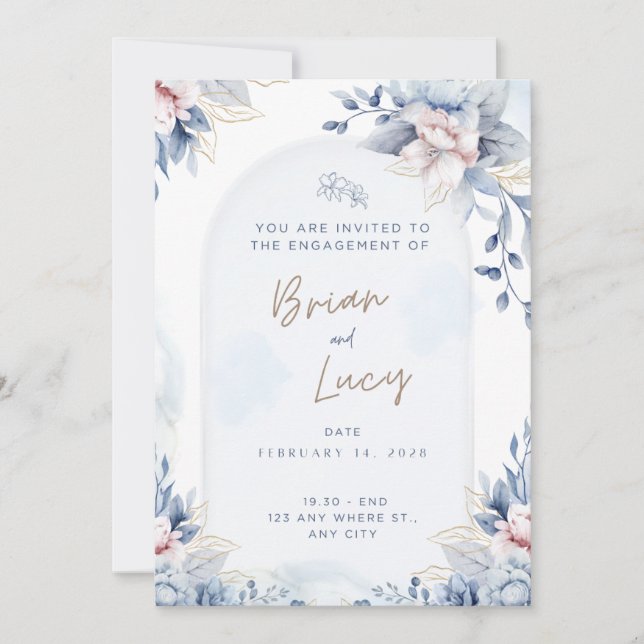 Invitación de compromiso floral de acuarela azul e (Anverso)